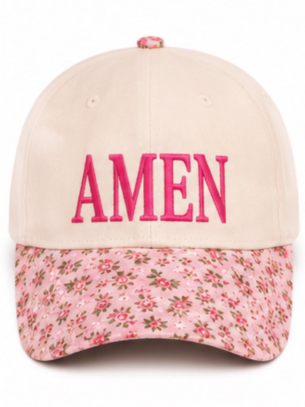 “AMEN” Embroidered Trucker Hat | Cream Pink Ditsy Floral Faith Cap NWT